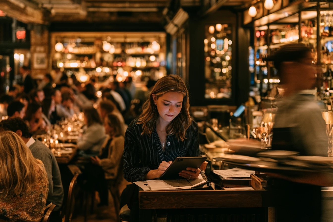 A packed Friday night at an independent restaurant with the host calmly working the stand