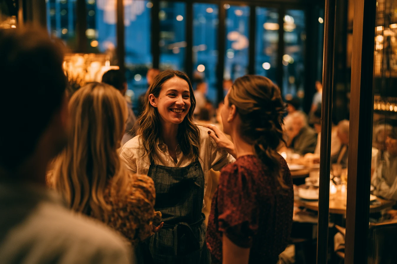 An independent restaurant owner greeting returning regulars at the door