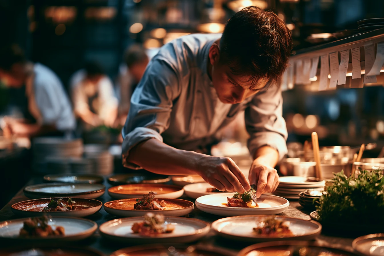 A chef plating a tasting course at the pass during service
