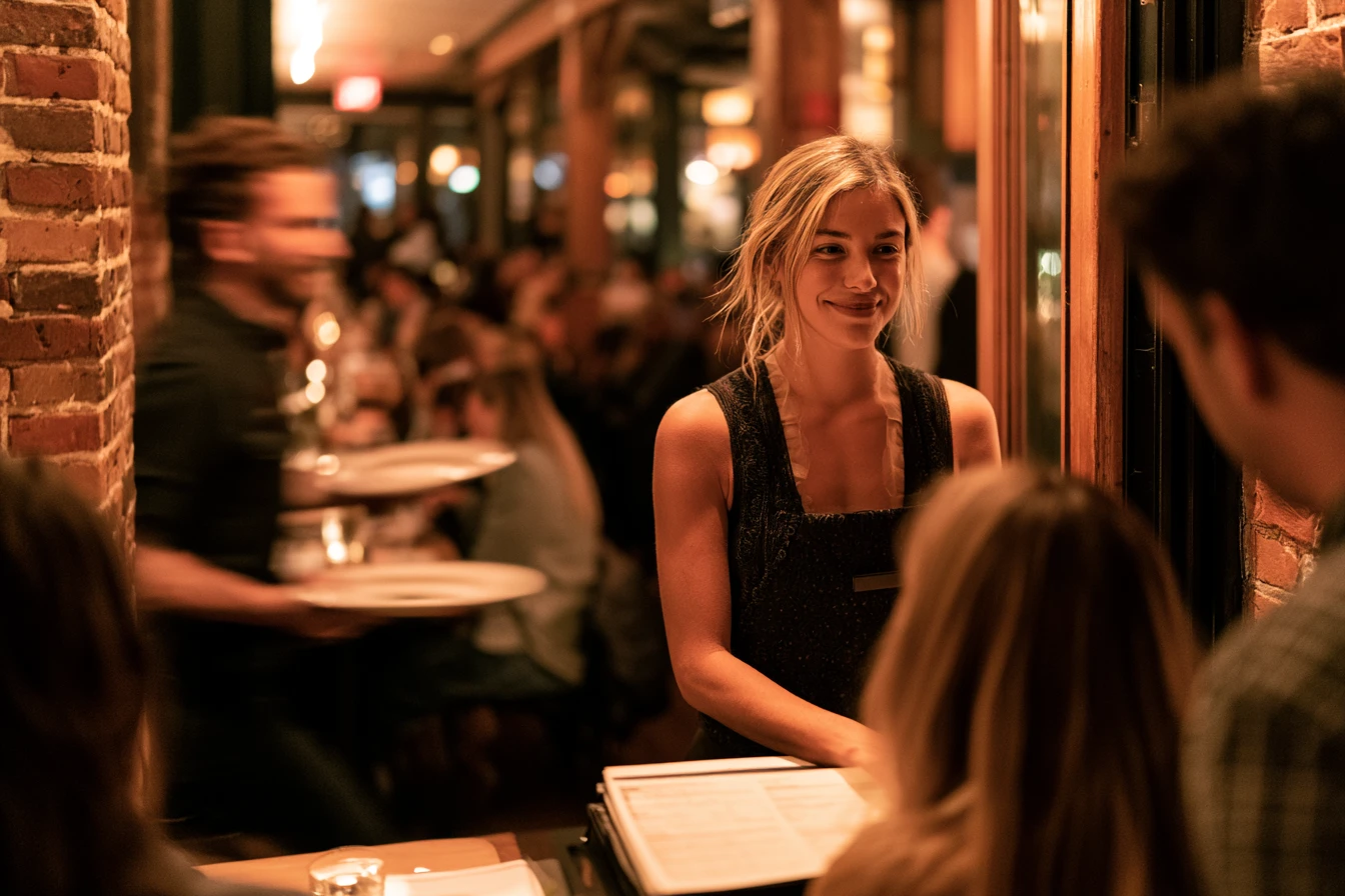 A restaurant host greeting an arriving couple on a busy Friday night