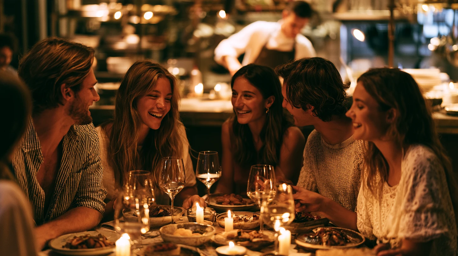 A full restaurant table mid-meal with friends laughing over shared plates
