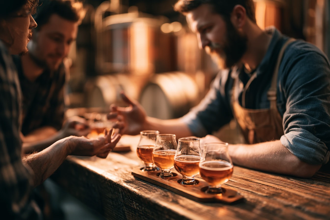A tasting-room host explaining a flight to engaged guests at the counter