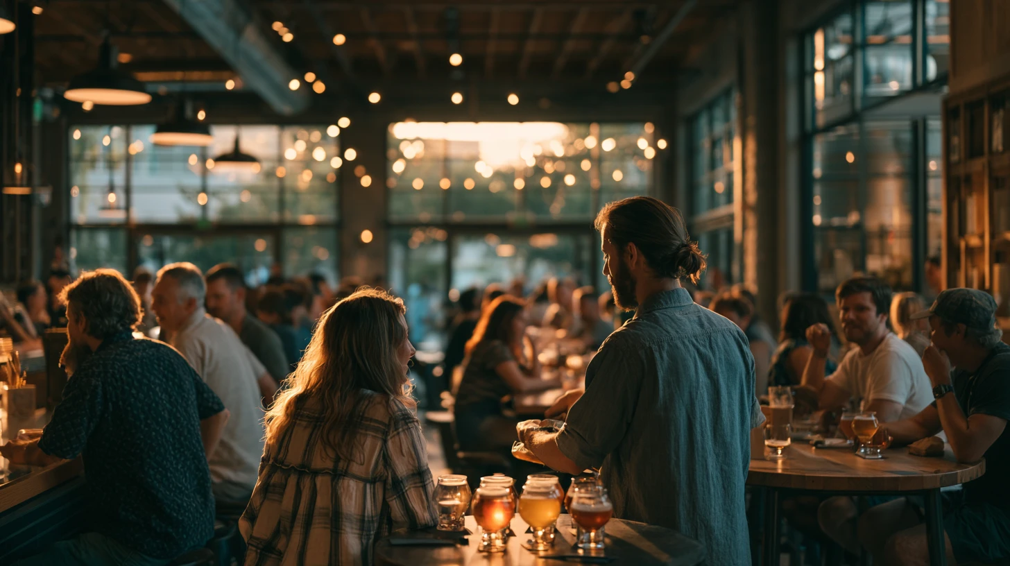 A busy Saturday afternoon in a tasting room with guests at the bar and high-top tables