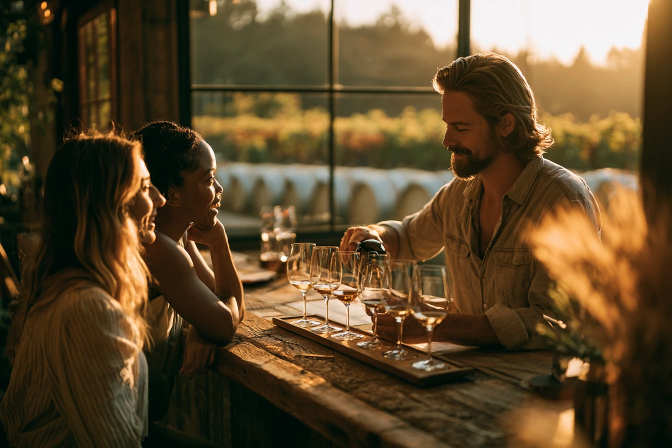A winemaker pouring a tasting flight for two engaged guests