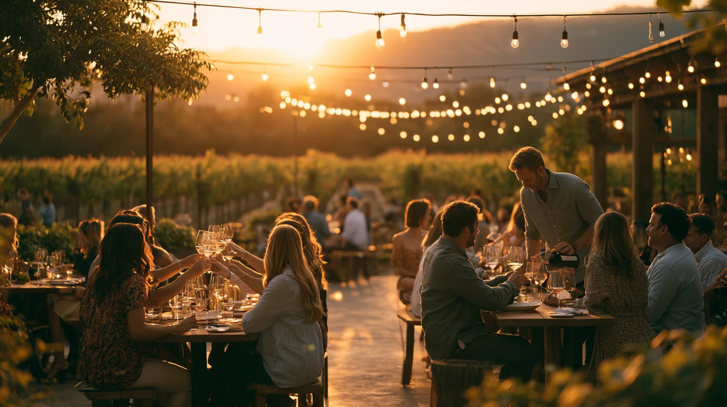 Release weekend on a winery patio with guests raising glasses at golden hour