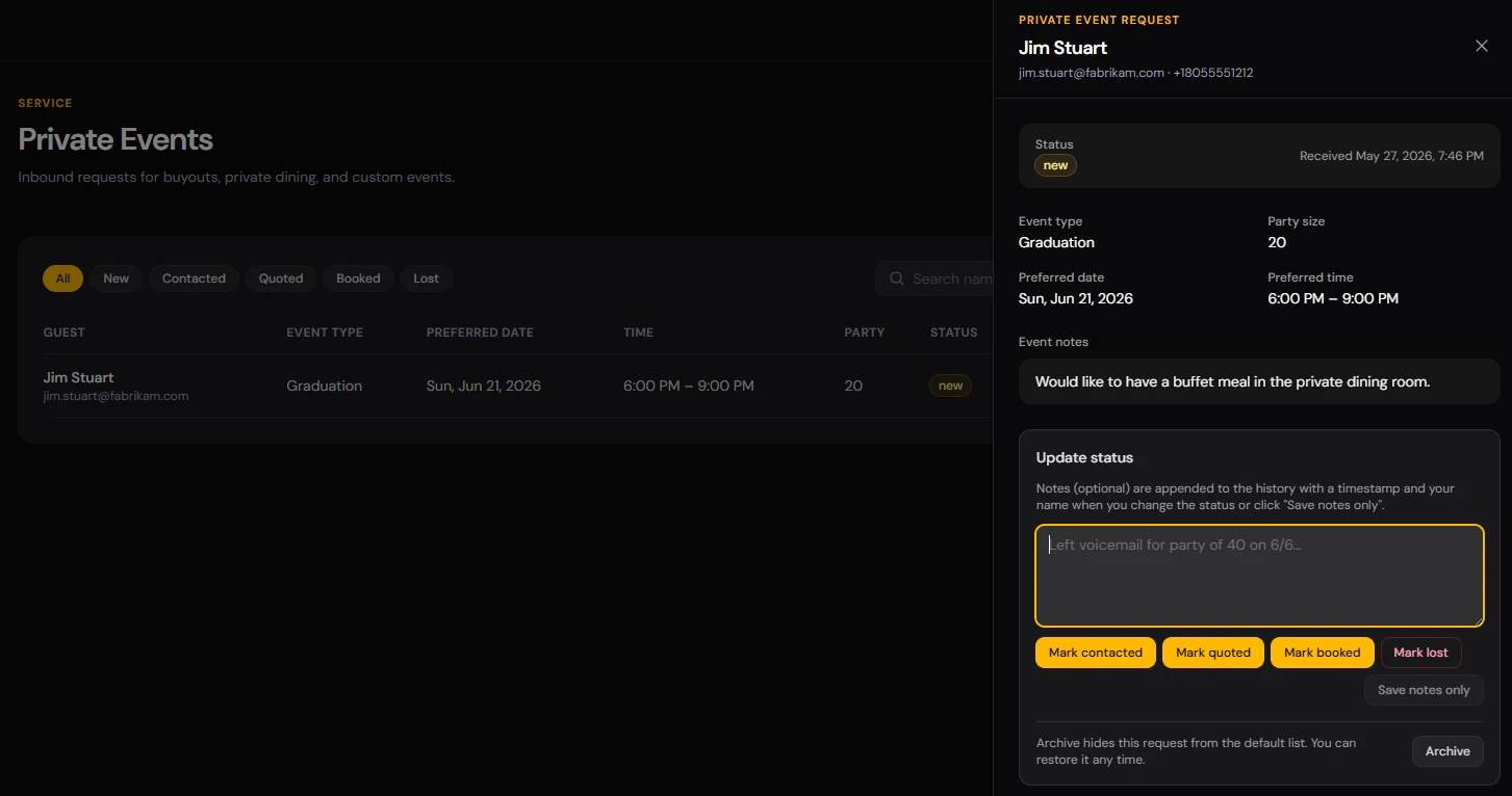 CoverCount Private Events inbox with requests by status and one inquiry open