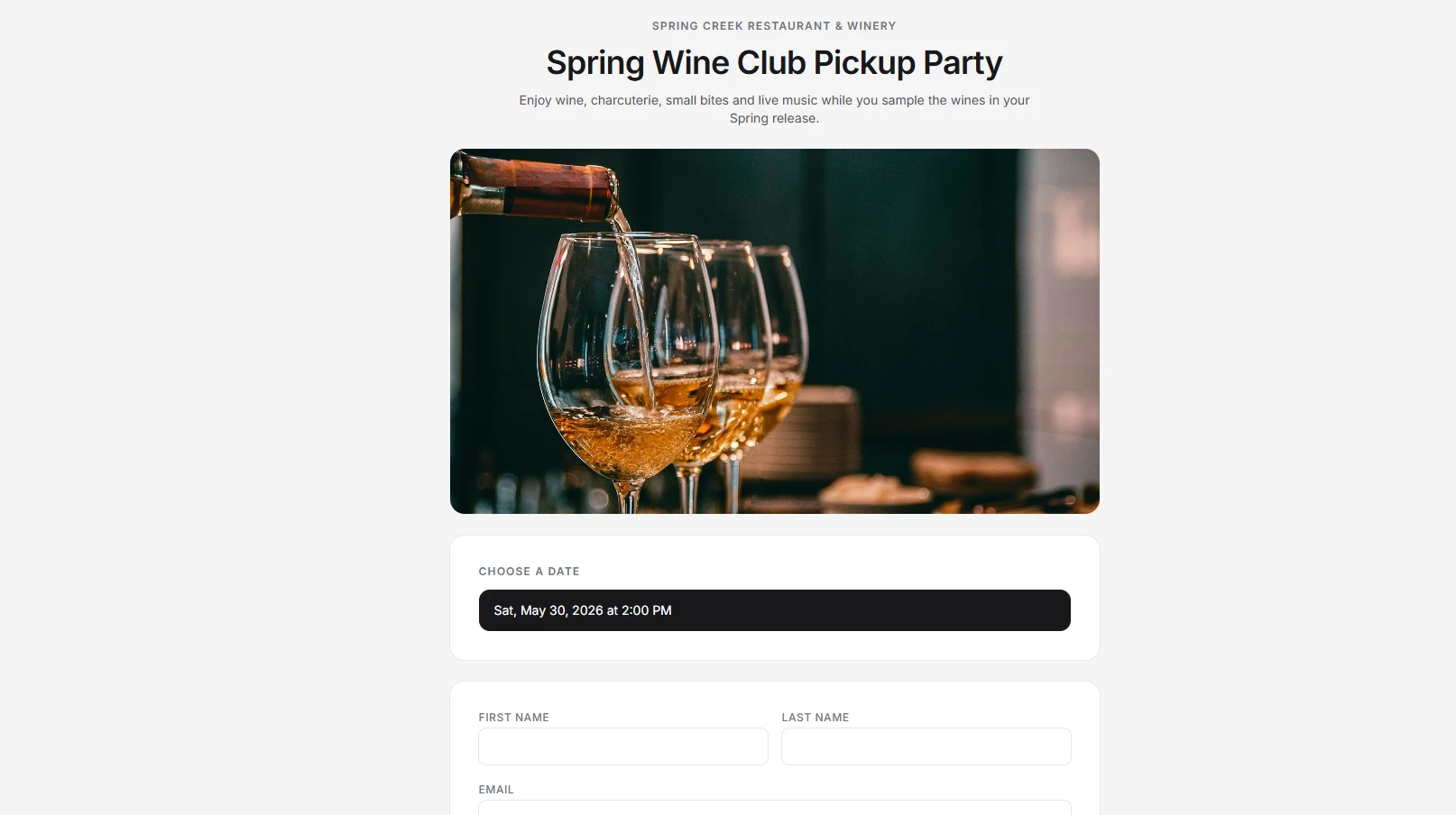 CoverCount hosted public event page with ticket types, prices, remaining seats, and registration button
